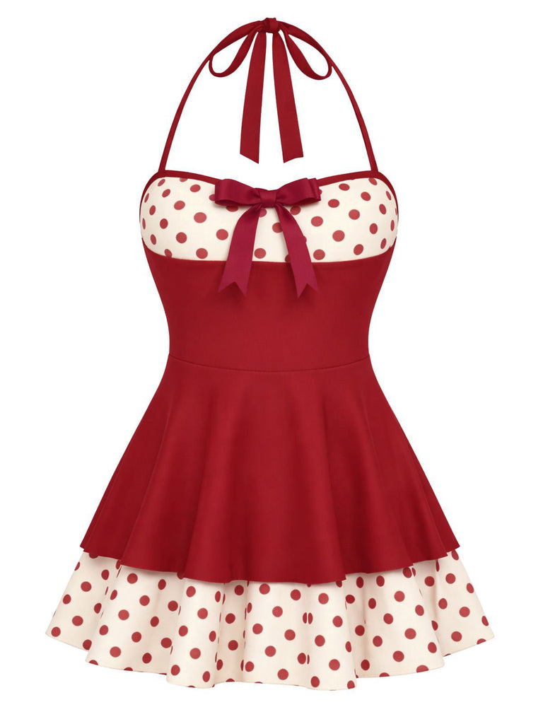 Red 1940s Polka Dots Patchwork Halter Swimdress