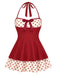 Red 1940s Polka Dots Patchwork Halter Swimdress