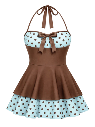 [Pre-Sale] Brown 1940s Polka Dots Patchwork Halter Swimdress, vintage dress, retro fashion - perfect for women who love vintage and retro fashion