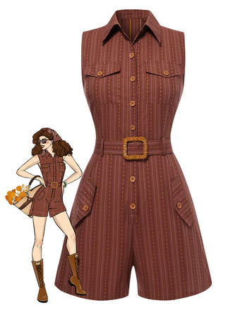 She pairs this 1940s Pure Cotton Shirt Neck Pinstripe Belted Romper with confidence and 1940s charm