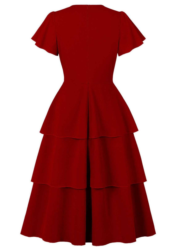 1940s Round Neck Bow Solid Tiered Dress - vintage dress, retro fashion, elegant red