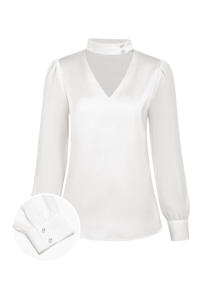 She pairs this 1940s Round Neck Satin Puff Sleeve Blouse with confidence and 1940s charm