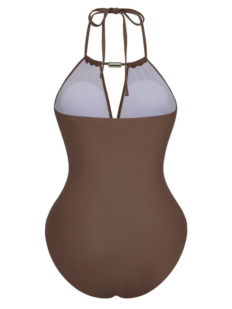 1940s Ruched Deep-V Halter One-Piece Swimsuit - vintage swimsuit, pin-up style