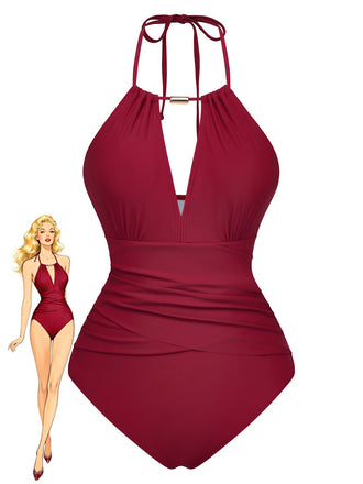 1940s Ruched Deep-V Halter One-Piece Swimsuit - vintage swimsuit, pin-up style