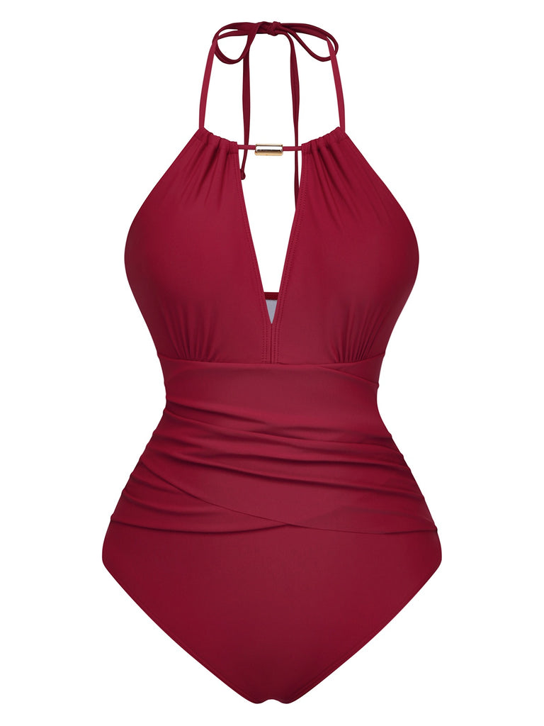 1940s Ruched Deep-V Halter One-Piece Swimsuit - vintage swimsuit, pin-up style