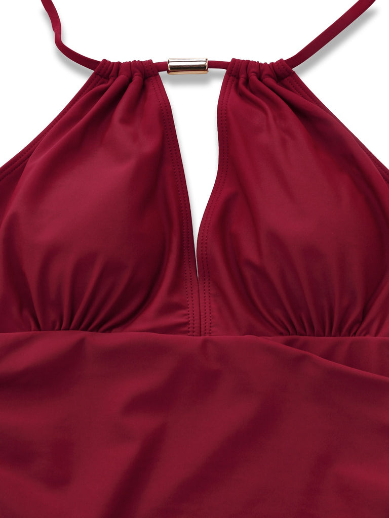 1940s Ruched Deep-V Halter One-Piece Swimsuit - vintage swimsuit, pin-up style