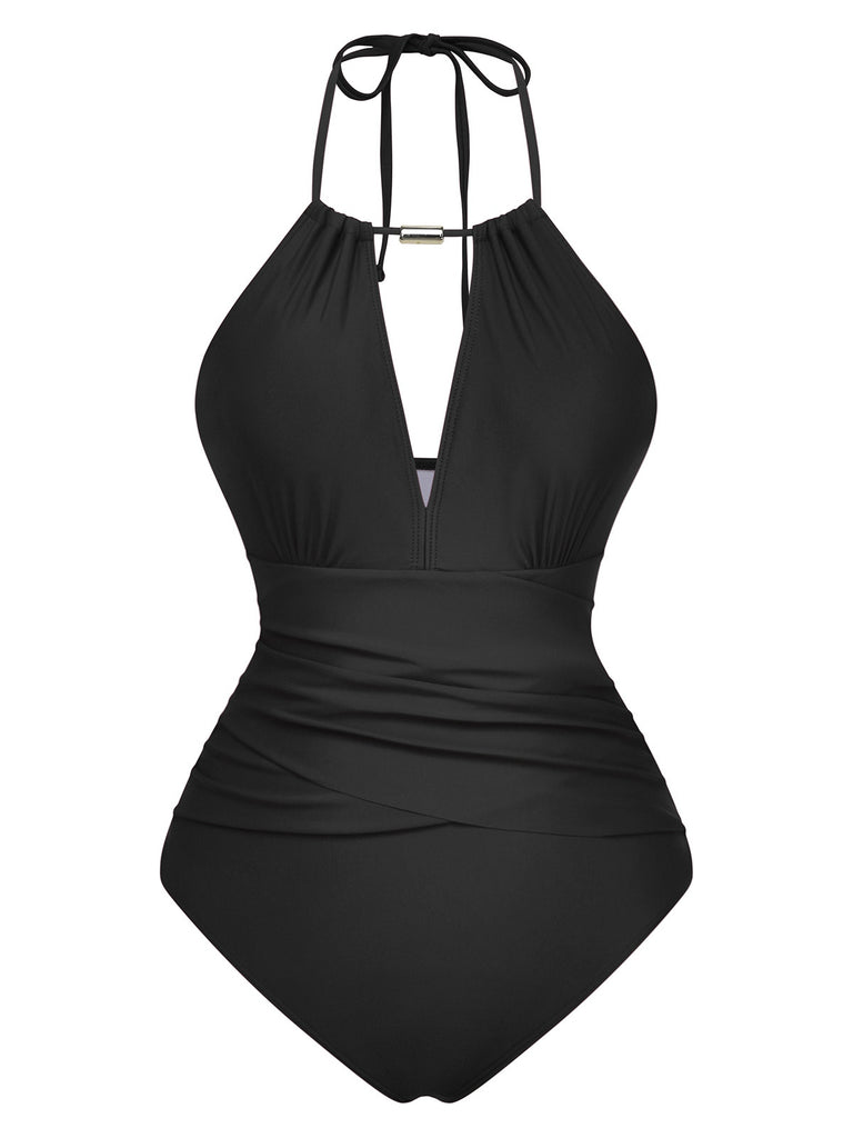 1940s Ruched Deep-V Halter One-Piece Swimsuit - vintage swimsuit, pin-up style