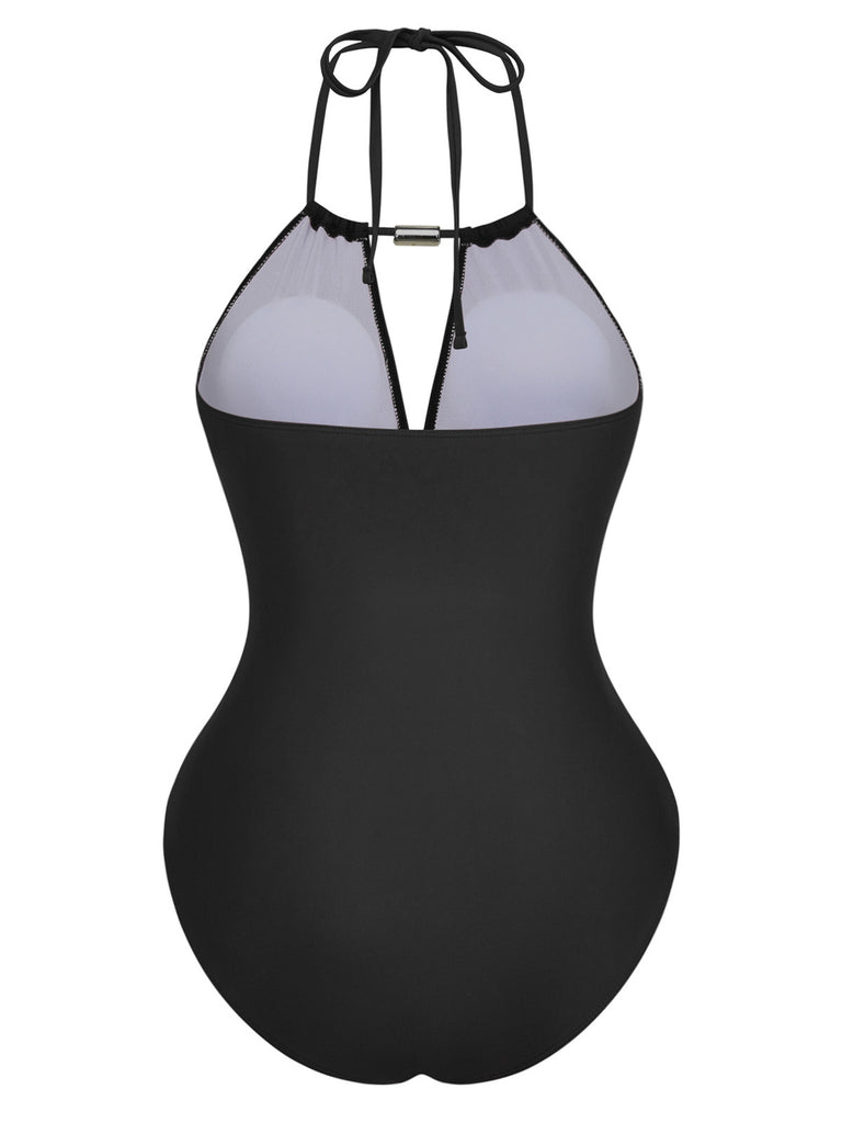 1940s Ruched Deep-V Halter One-Piece Swimsuit - vintage swimsuit, pin-up style
