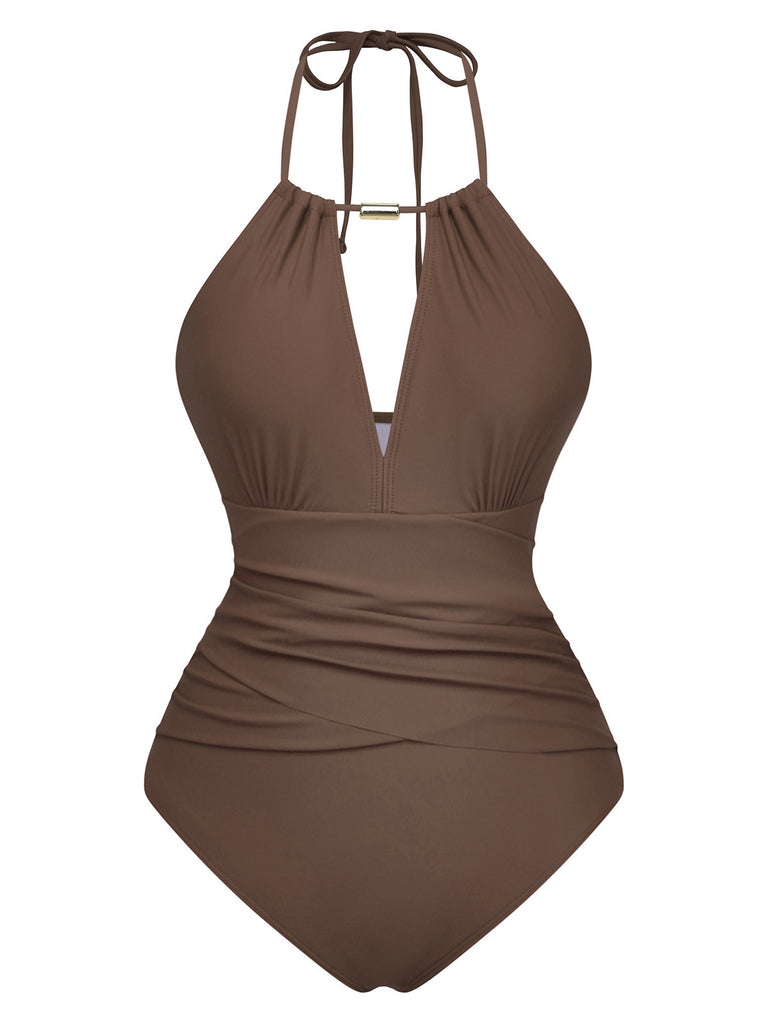1940s Ruched Deep-V Halter One-Piece Swimsuit - vintage swimsuit, pin-up style