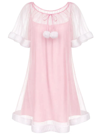 1940s Ruffle Sleeve Plush Trim Tulle Nightgown - vintage nightgown, retro sleepwear