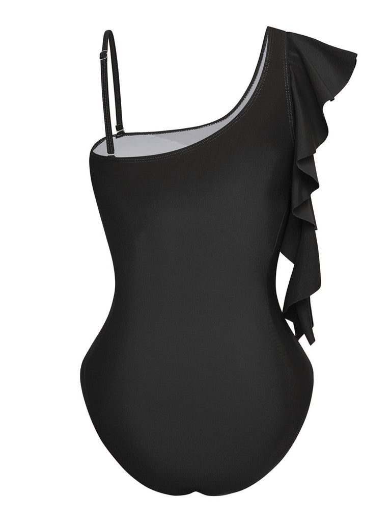 1940s Ruffled Asymmetrical Neck One-Piece Swimsuit - vintage swimsuit, pin-up swimwear for vintage lovers