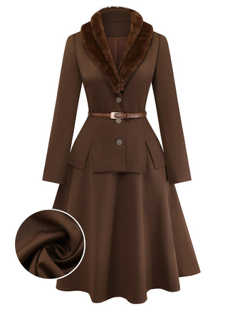 2PCS Brown 1940s Double Faux Fur Collar Jacket & A-Line Skirt - vintage skirt, retro style
