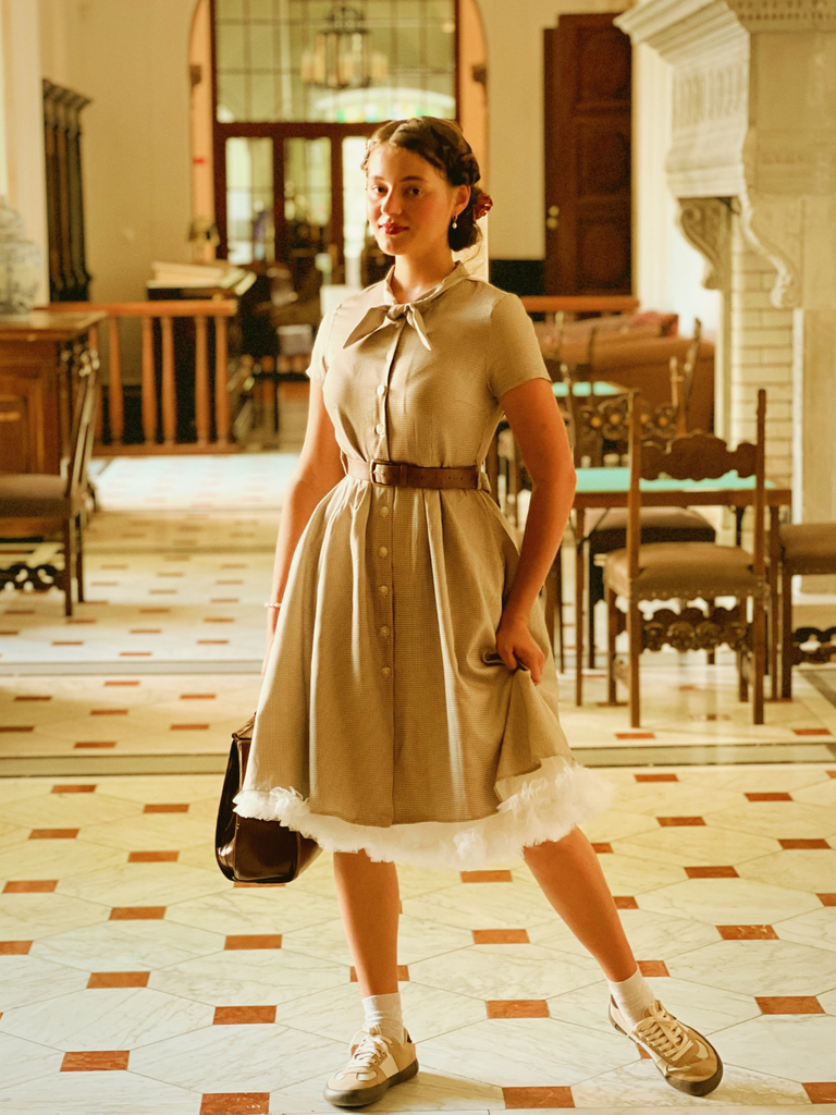 Brown 1940s Small Windowpane Plaid Dress, vintage dress, retro fashion - perfect for women who love vintage and retro fashion