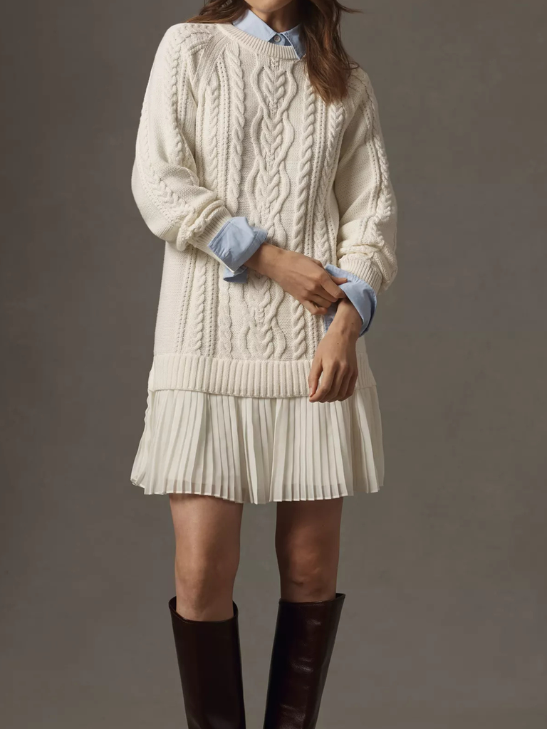 1940s Solid Cable Knit Pleated Hem Sweater Dress - vintage dress, retro fashion