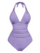 1940s Solid Deep V Halter Ruched One-Piece Swimsuit - vintage swimsuit, pin-up style