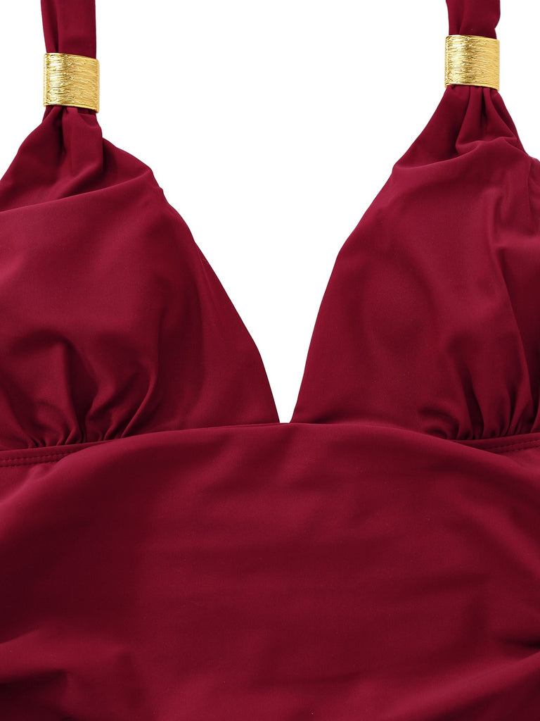 1940s Solid Deep V Halter Ruched One-Piece Swimsuit - vintage swimsuit, pin-up style