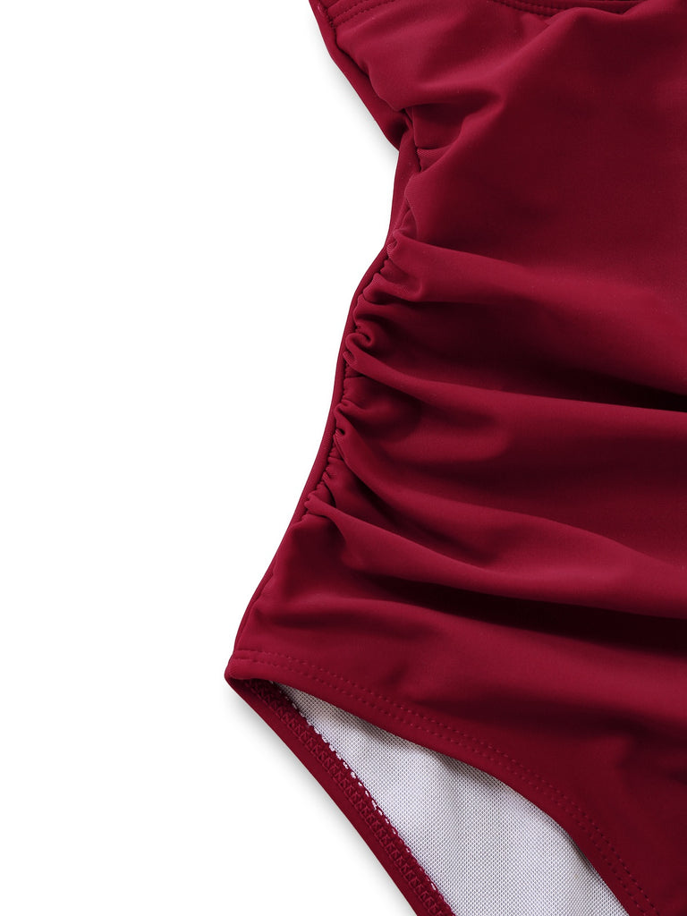 1940s Solid Deep V Halter Ruched One-Piece Swimsuit - vintage swimsuit, pin-up style