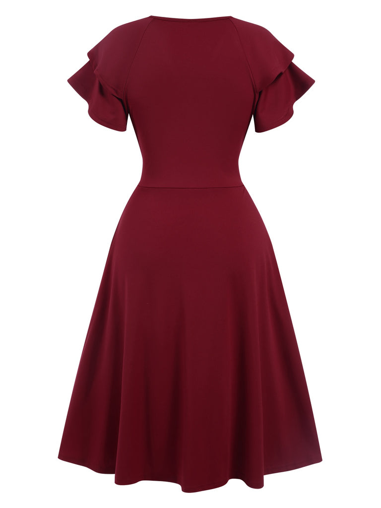 1940s Solid Double Sleeves V-Neck Dress, vintage dress, retro fashion - perfect for women who love vintage and retro fashion