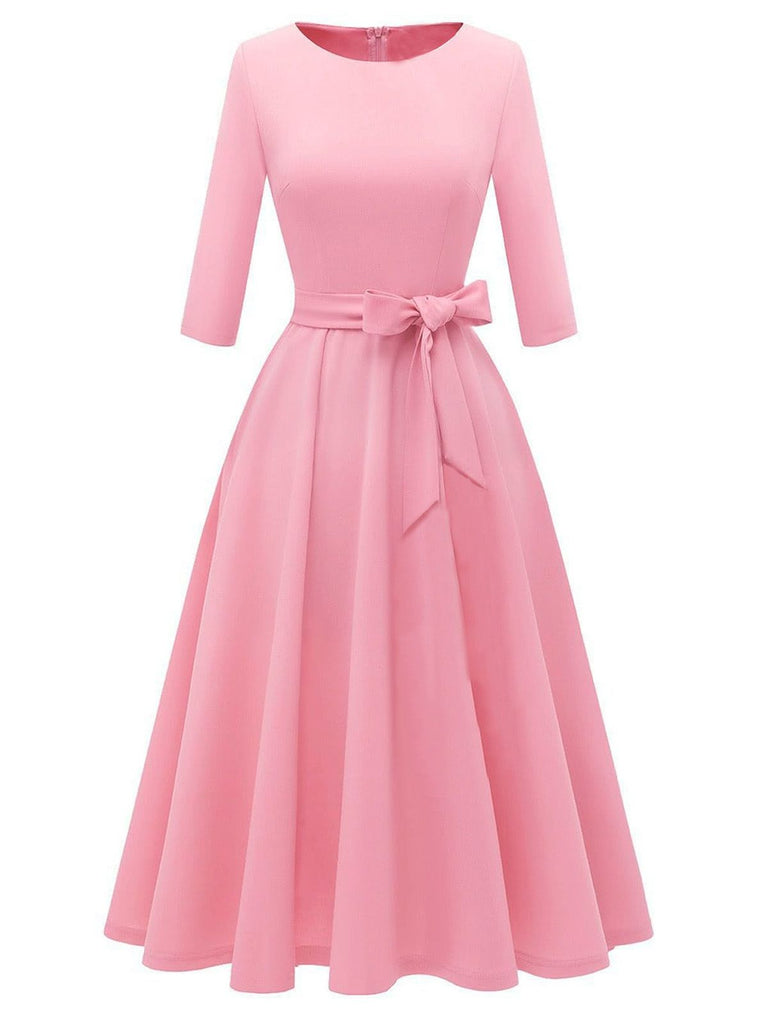 1940s Solid Fit Bow 3/4 Sleeves Swing Dress - vintage dress, retro fashion, rockabilly