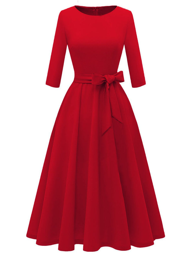 1940s Solid Fit Bow 3/4 Sleeves Swing Dress - vintage dress, retro fashion, rockabilly
