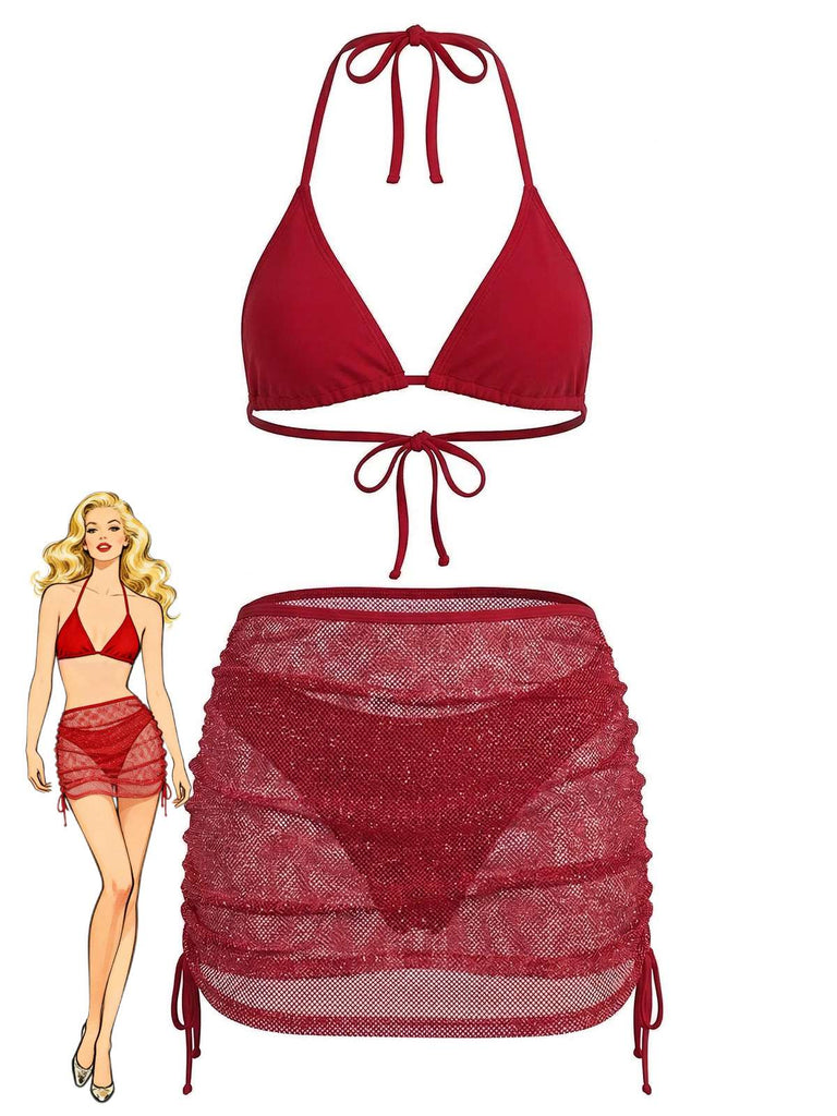 1940s Solid Halter Bikini Set & Crochet Cover-Up - vintage swimwear, retro swimsuit, pin-up style for vintage lovers