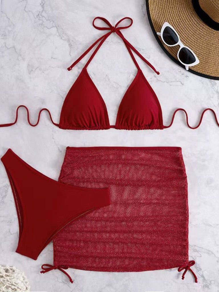 1940s Solid Halter Bikini Set & Crochet Cover-Up | vintage swimwear, retro swimsuit, pin-up style - perfect for retro fashion enthusiasts
