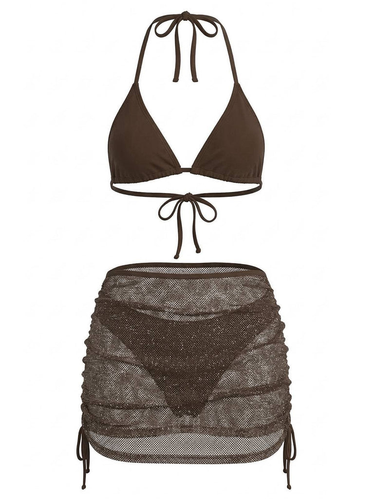 1940s Solid Halter Bikini Set & Crochet Cover-Up: beautiful vintage swimwear, retro swimsuit, pin-up style with timeless appeal