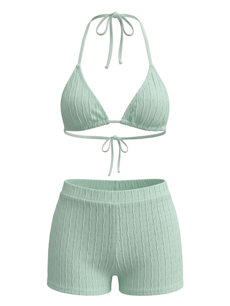 1940s Halter Triangle Textured Bikini Set 3