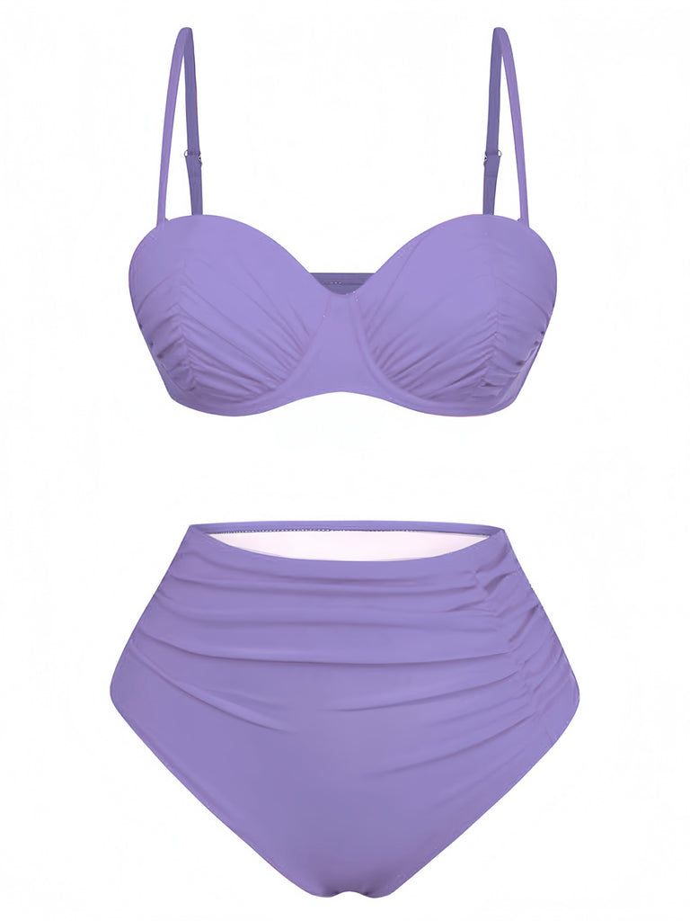 1940s Solid High-Waisted Ruched Bikini Set - vintage fashion, retro style