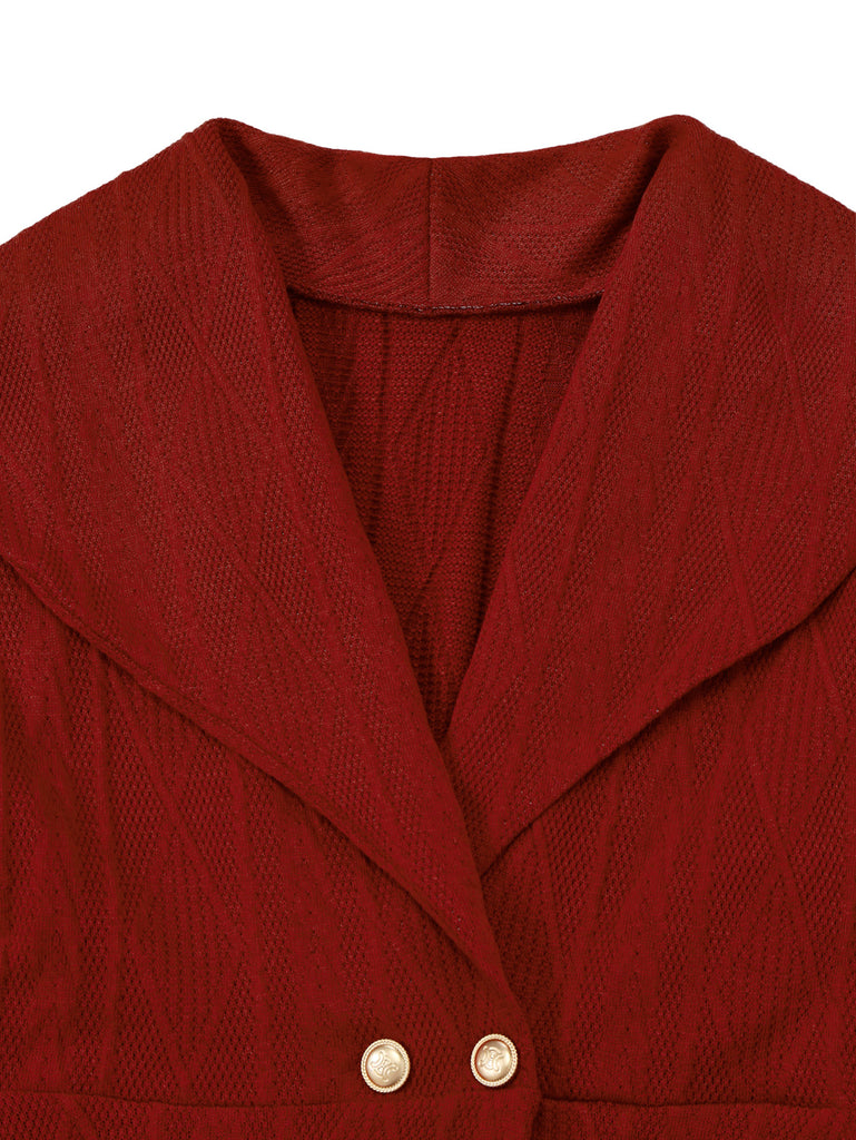 1940s Solid Knitted Big V-Neck Button Dress - vintage dress, retro fashion