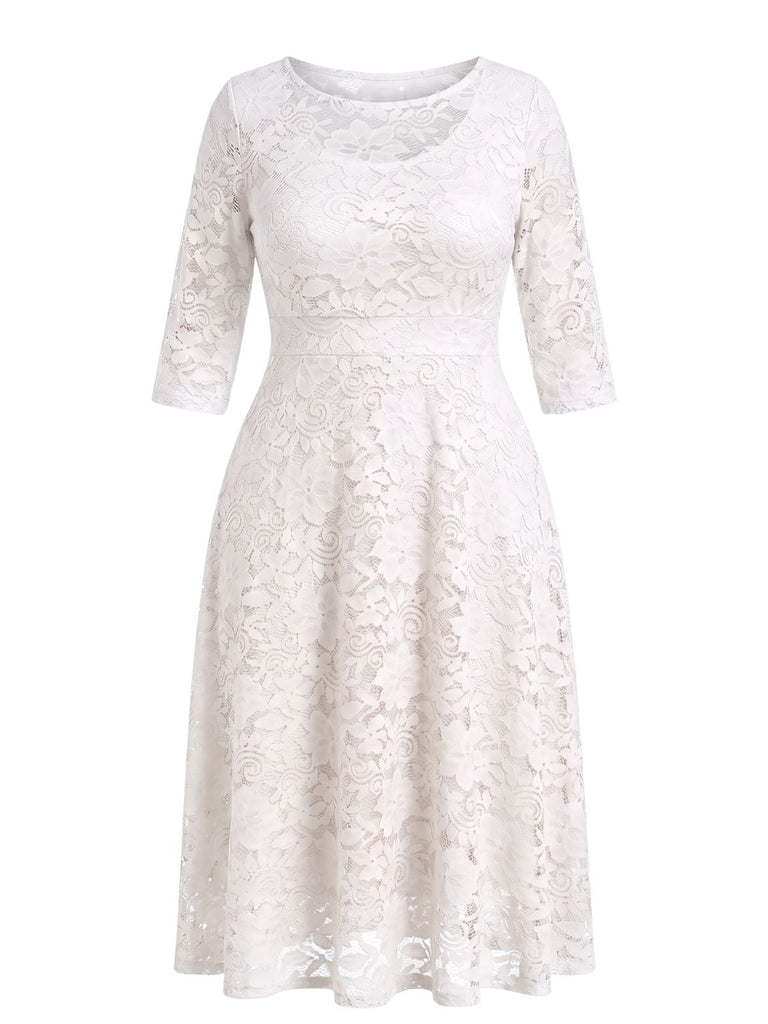 Beige 1940s Lace Midi Swing Dress - vintage dress, retro fashion, rockabilly