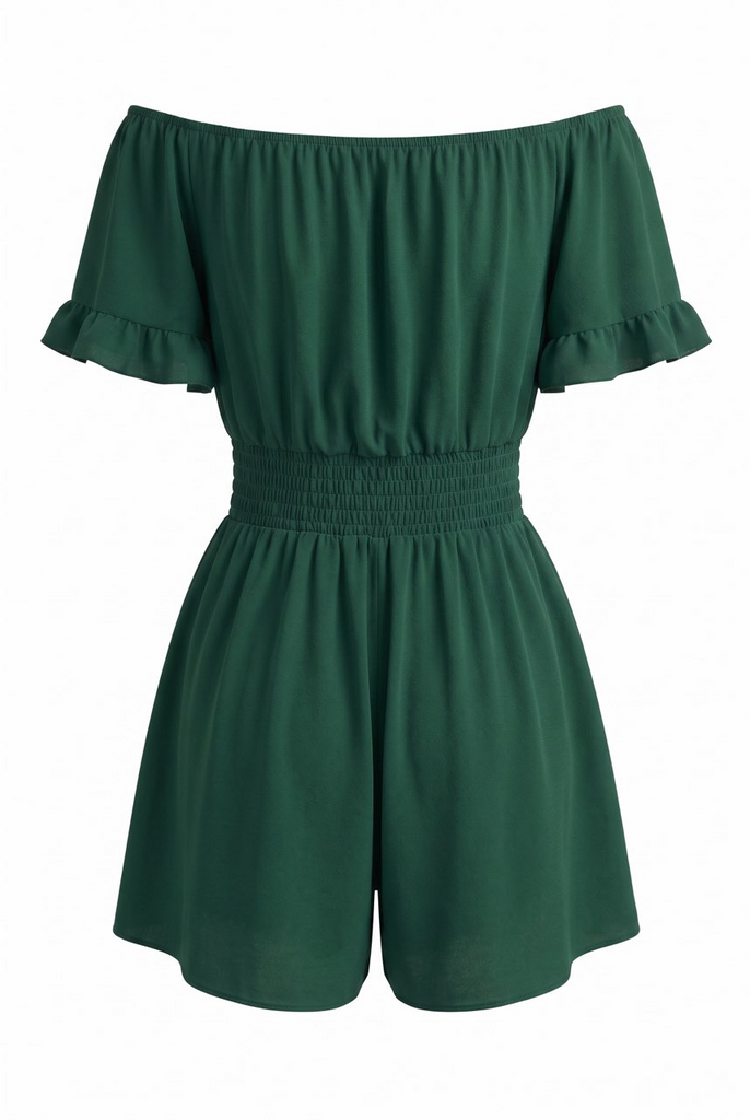 1940s Solid Off Shoulder Ruffle Sleeve Smocked Waist Romper, vintage romper, retro jumpsuit - perfect for women who love vintage and retro fashion