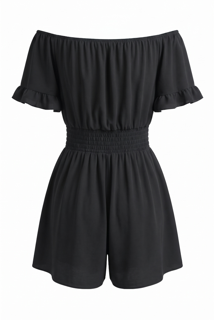 1940s Solid Off Shoulder Ruffle Sleeve Smocked Waist Romper, vintage romper, retro jumpsuit - perfect for women who love vintage and retro fashion