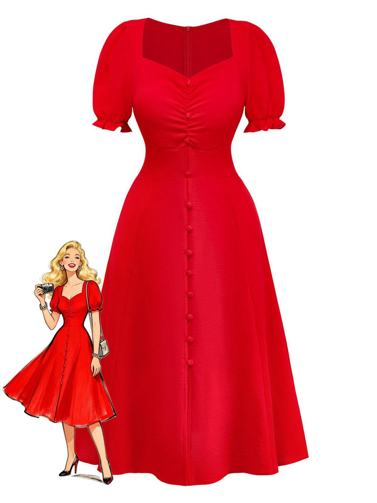 1940s Solid Single-Breasted Empire Waist Dress - vintage dress, retro fashion