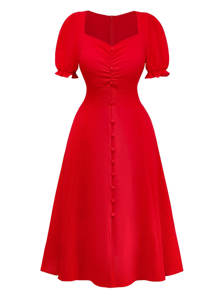 1940s Solid Single-Breasted Empire Waist Dress - vintage dress, retro fashion