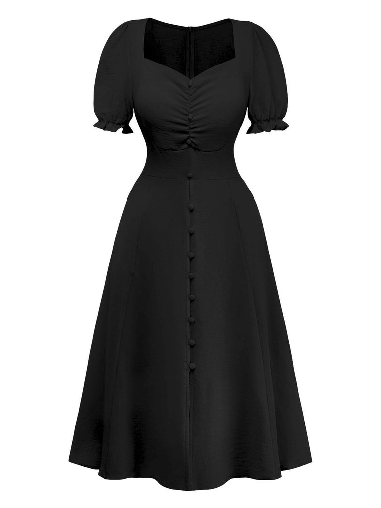 1940s Solid Single-Breasted Empire Waist Dress - vintage dress, retro fashion