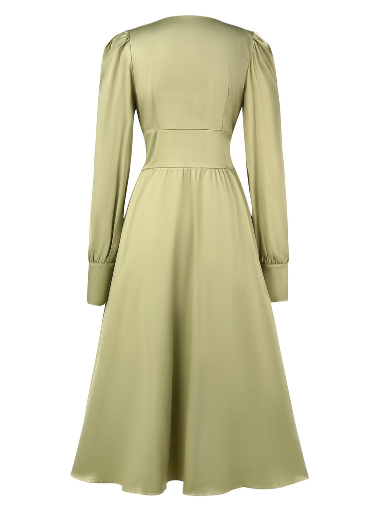 1940s Solid V-Neck Faux Satin Button Dress, vintage dress, retro fashion - perfect for women who love vintage and retro fashion