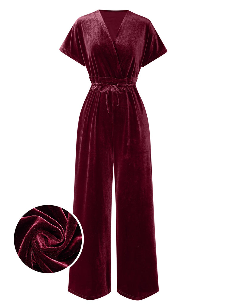 1940s Solid Waist Tie V-Neck Velvet Jumpsuit, vintage romper, retro jumpsuit - perfect for women who love vintage and retro fashion