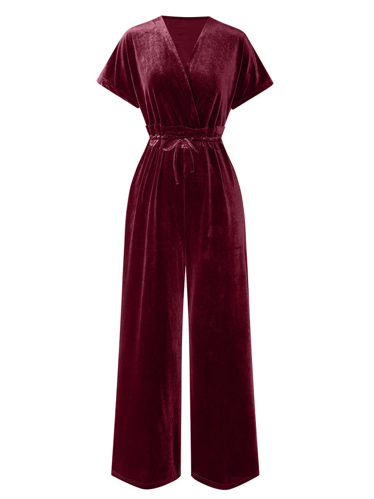 1940s Solid Waist Tie V-Neck Velvet Jumpsuit, vintage romper, retro jumpsuit - perfect for women who love vintage and retro fashion