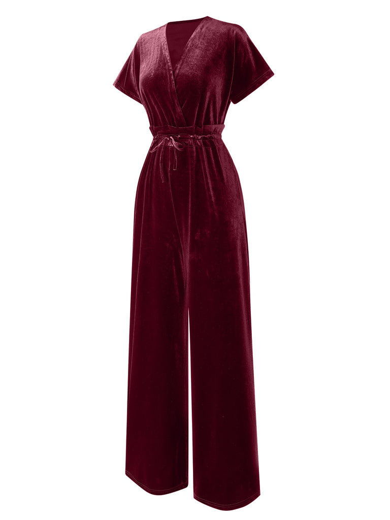 1940s Solid Waist Tie V-Neck Velvet Jumpsuit, vintage romper, retro jumpsuit - perfect for women who love vintage and retro fashion