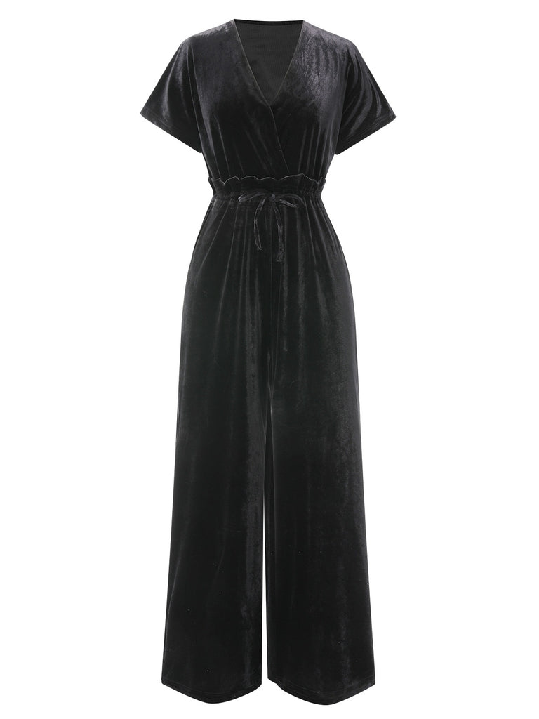 1940s Solid Waist Tie V-Neck Velvet Jumpsuit, vintage romper, retro jumpsuit - perfect for women who love vintage and retro fashion