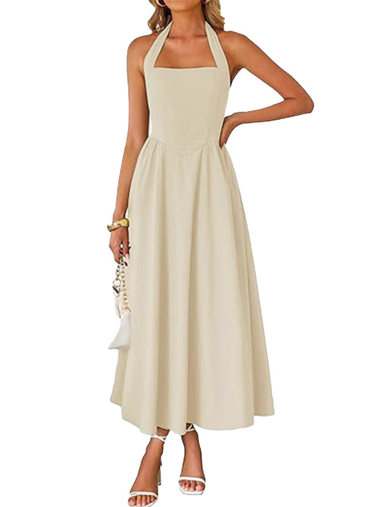 1940s Solid Wide-Strap Halter Backless Dress - vintage dress, retro fashion