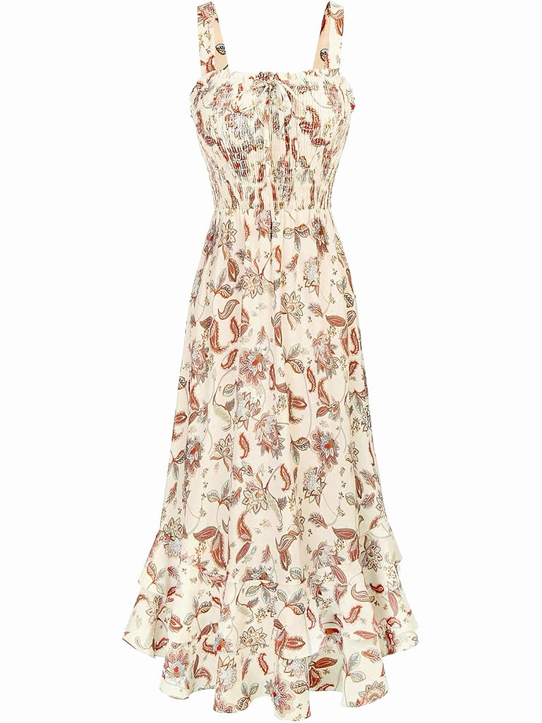 1940s Square Neck Irregular Floral Pleated Dress - vintage dress, retro fashion