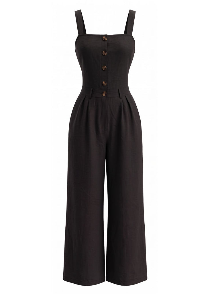1940s Square Neck Sleeveless Buttoned Solid Jumpsuit, vintage romper, retro jumpsuit - perfect for women who love vintage and retro fashion