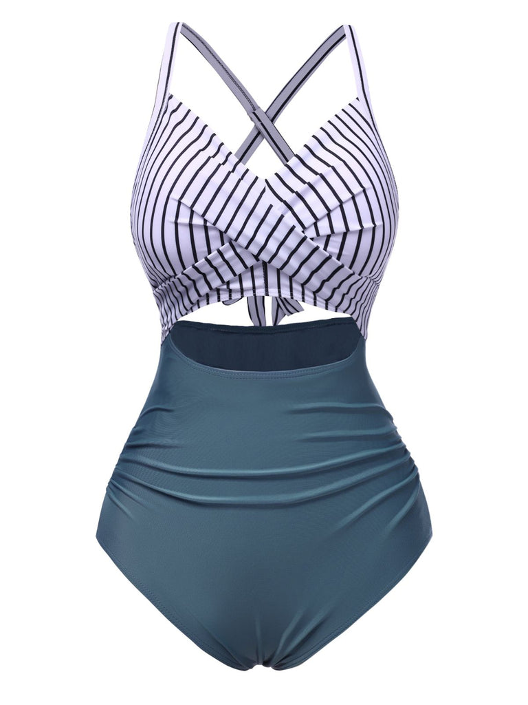 She's wearing 1940s Stripe Patchwork Hollow One-Piece Swimsuit and the whole beach remembers the 1940s