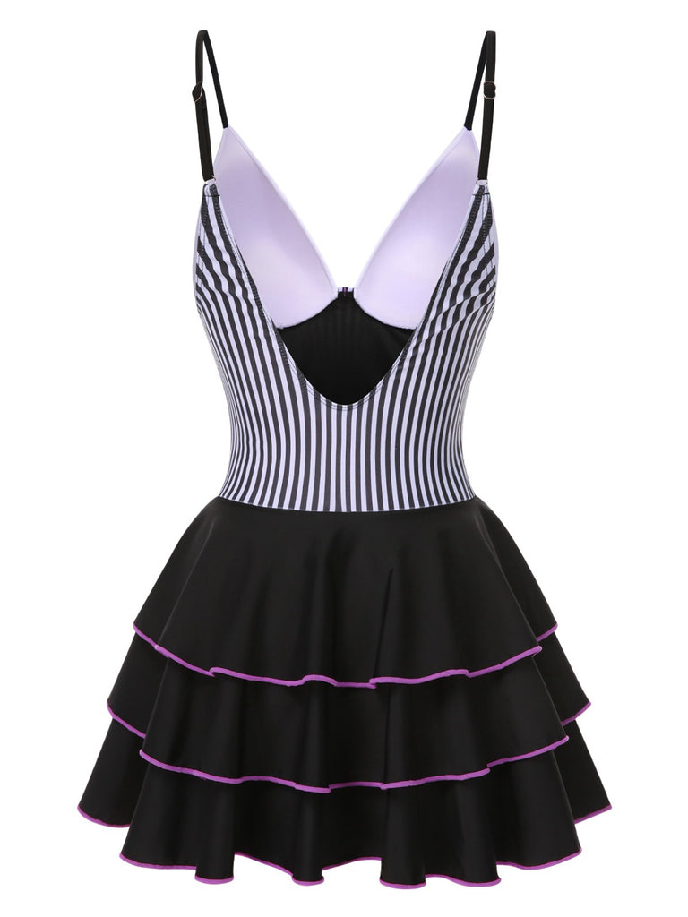 This 1940s Stripe Patchwork Layered Hem Swim Dress wraps her in 1940s elegance, one twirl at a time