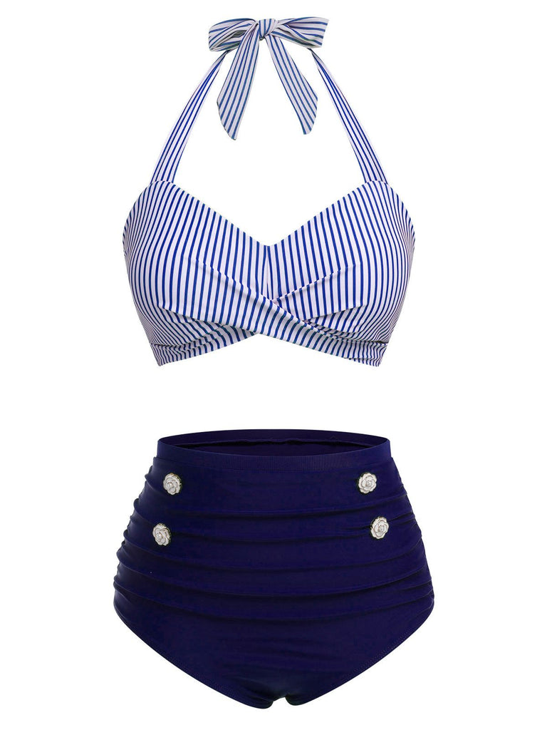& 1940s Striped Halter Swimsuit Set - vintage swimsuit, pin-up style