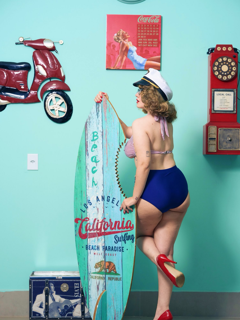 Red & Blue 1940s Striped Halter Swimsuit Set, vintage swimsuit, pin-up swimwear - perfect for women who love vintage and retro fashion