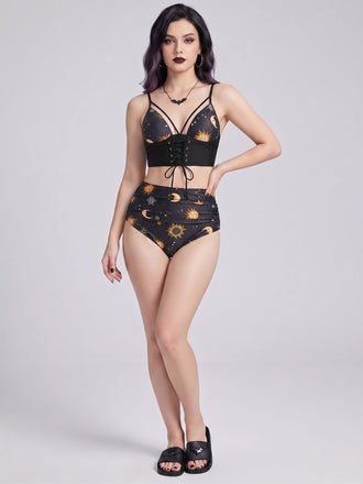 Black 1940s Sun Moon Stars Lace-Up Swimsuit, vintage swimsuit, pin-up swimwear - perfect for women who love vintage and retro fashion