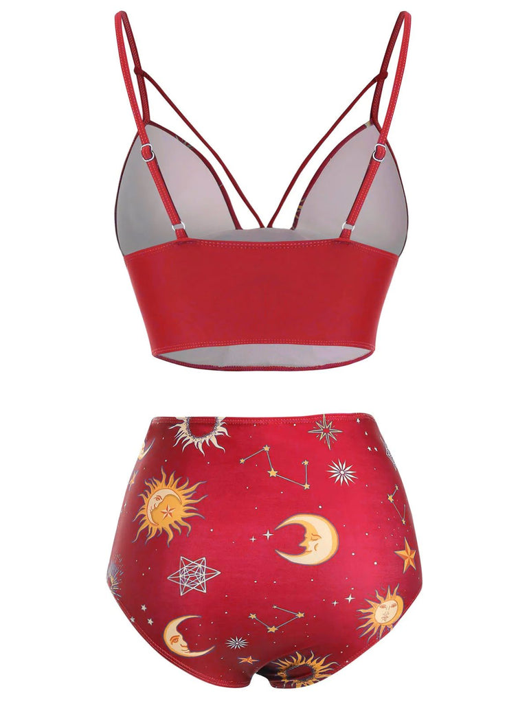 1940s Sun Moon Stars Lace-Up Swimsuit — 1940s poolside glamour meets sun-drenched confidence